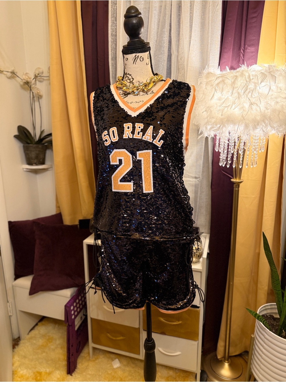 AKIRA Black Sequin 'So Real 21' Basketball Shorts Set with Orange Trim
